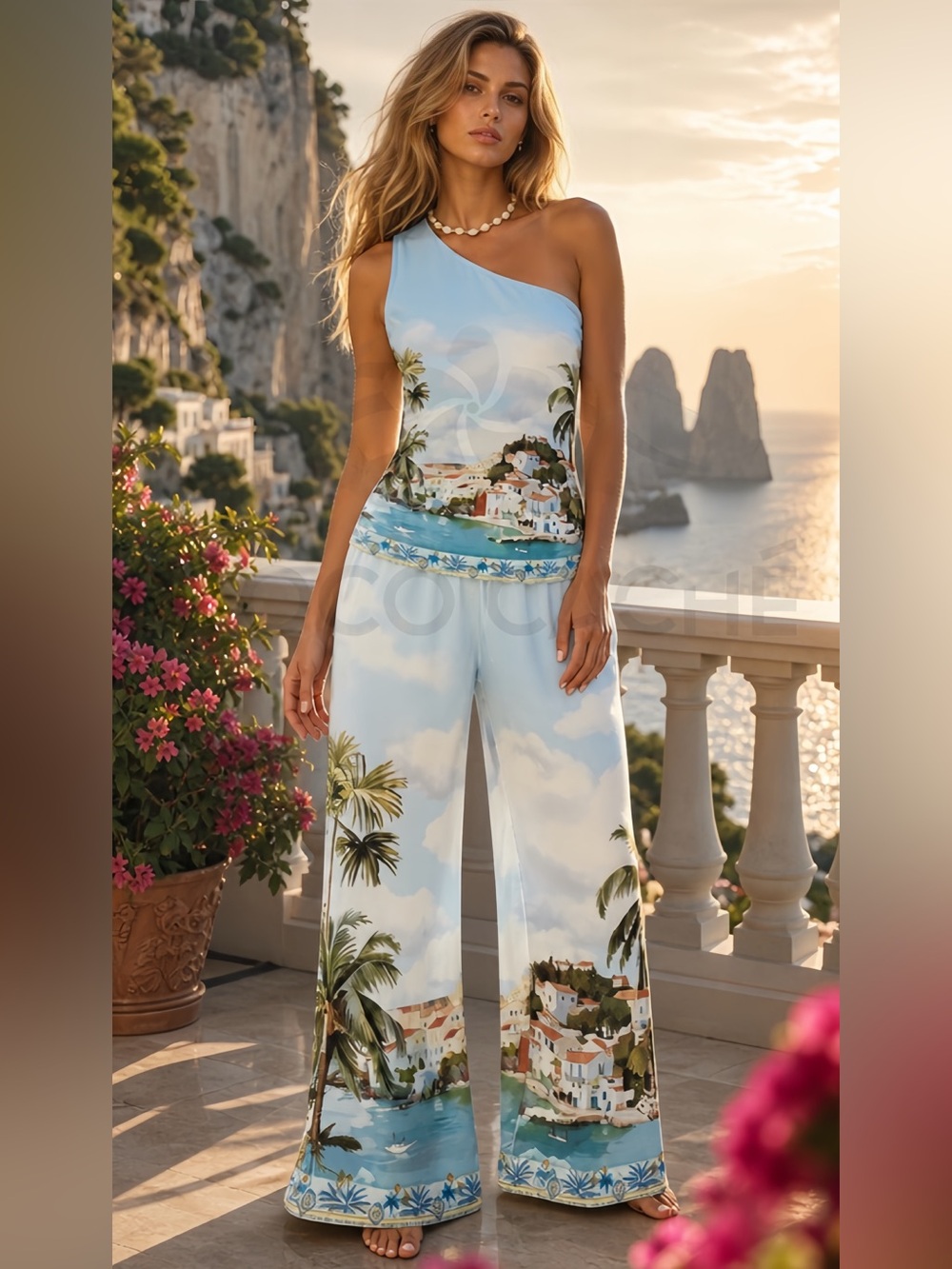 Coastal One-Shoulder Pants Matching Set Top & Trousers in Sky Blue